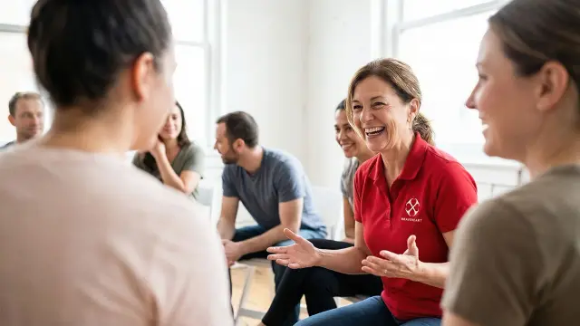 An instructor talking with a group seated in a circle