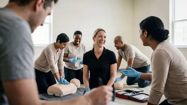 Learners practising with a manikin and AED trainer