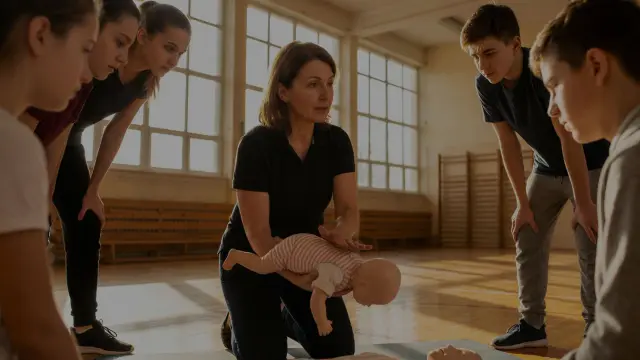 An instructor demonstrating skills with an infant training manikin