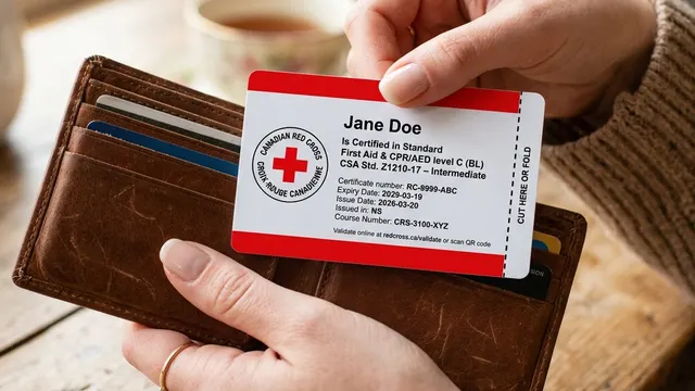A sample first aid certificate being placed in a wallet