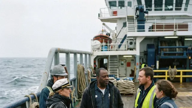A workplace team talking together on the deck of a vessel